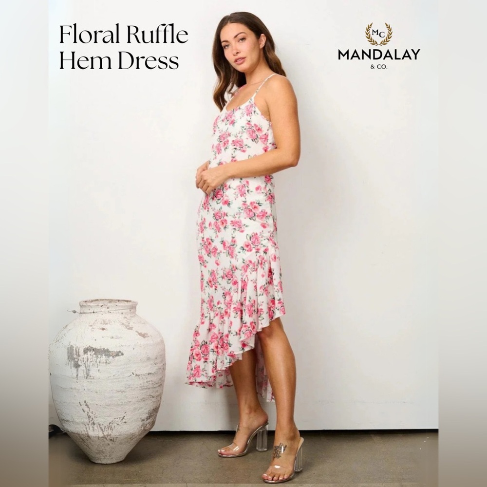 PINK FLORAL RUFFLE HEM HIGH LOW MIDI DRESS
